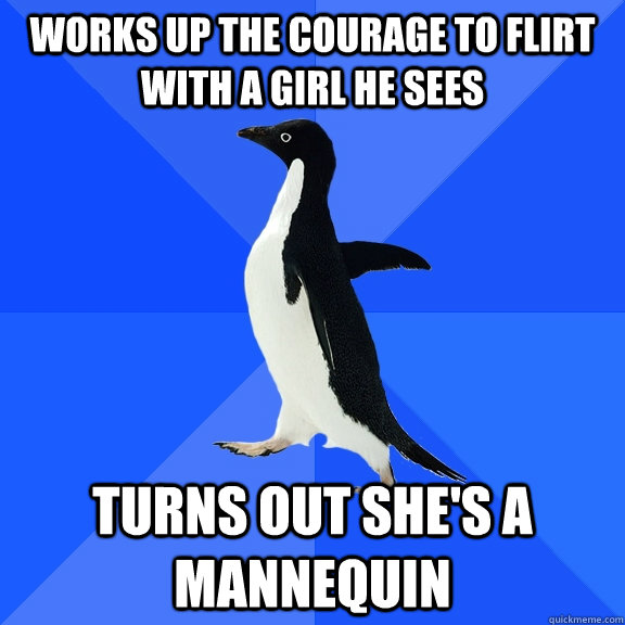 works up the courage to flirt with a girl he sees turns out she's a mannequin  Socially Awkward Penguin
