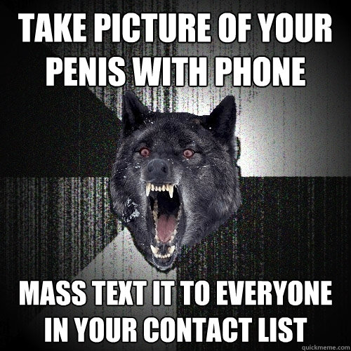 Take picture of your penis with phone mass text it to everyone in your contact list  Insanity Wolf