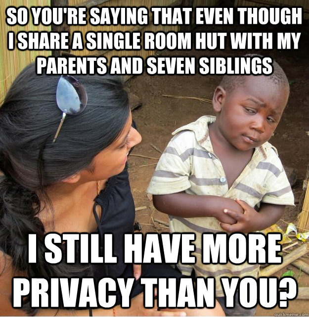 So you're saying that even though i share a single room hut with my parents and seven siblings i still have more privacy than you?  Skeptical Third World Kid