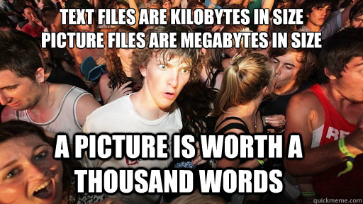 text files are kilobytes in size
picture files are megabytes in size a picture is worth a thousand words  Sudden Clarity Clarence