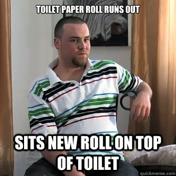 toilet paper roll runs out sits new roll on top of toilet  