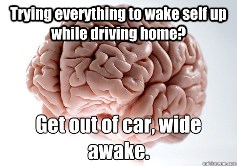 Trying everything to wake self up while driving home? Get out of car, wide awake.  Scumbag Brain