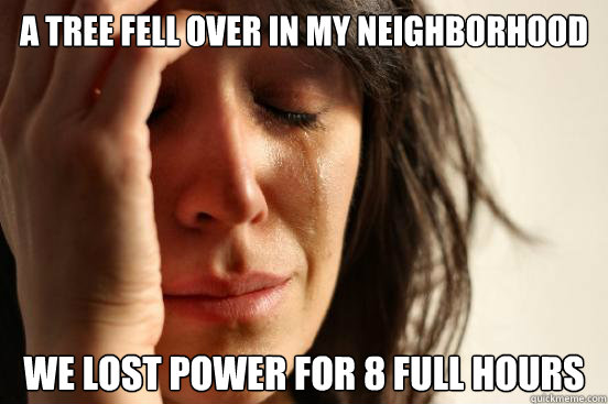 A tree fell over in my neighborhood we lost power for 8 full hours  First World Problems