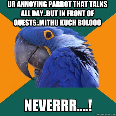 ur annoying parrot that talks all day..but in front of guests..MITHU KUCH BOLOOO NEVERRR....!  Paranoid Parrot