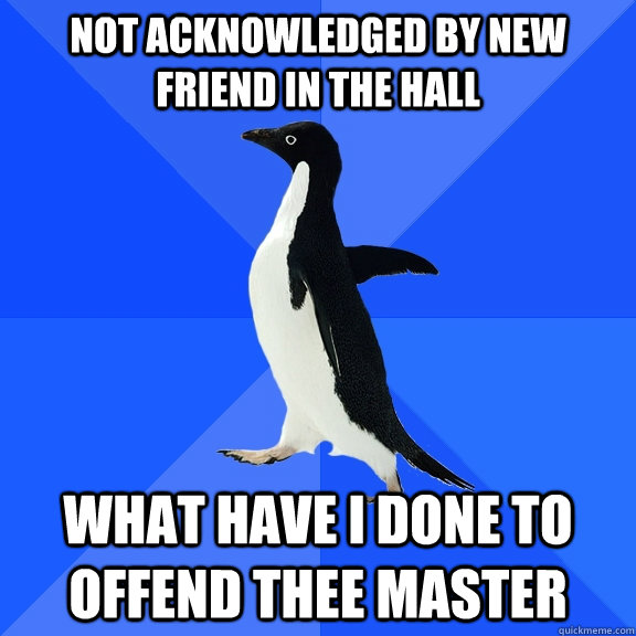 NOT ACKNOWLEDGED BY NEW FRIEND IN THE HALL WHAT HAVE I DONE TO OFFEND THEE MASTER  Socially Awkward Penguin