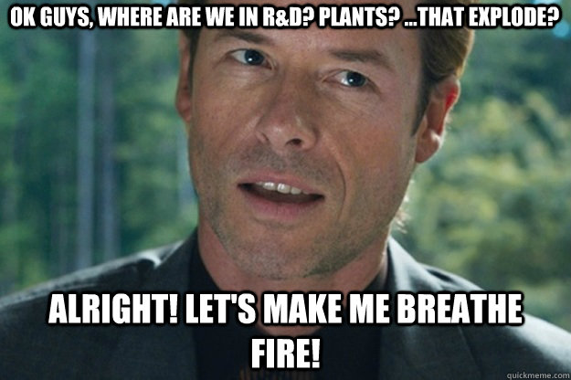 Ok guys, where are we in R&D? Plants? ...That explode? Alright! Let's make me breathe fire!  How to run a think tank