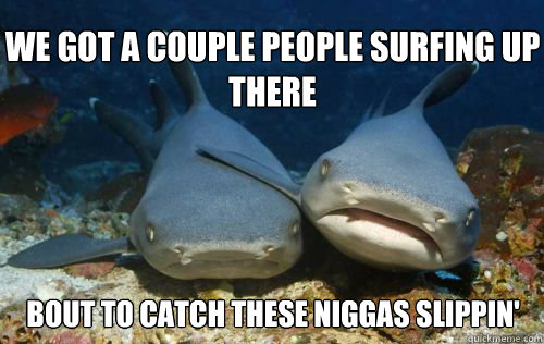We got a couple people surfing up there Bout to catch these niggas slippin'  Compassionate Shark Friend