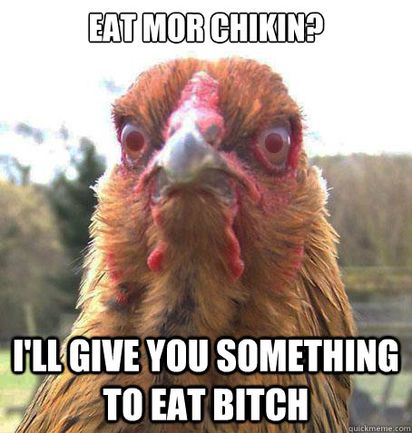 eat mor chikin? i'll give you something to eat bitch - eat mor chikin? i'll give you something to eat bitch  RageChicken