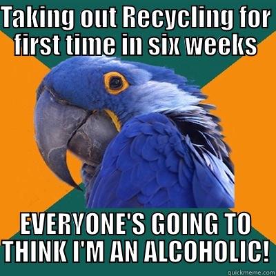 TAKING OUT RECYCLING FOR FIRST TIME IN SIX WEEKS EVERYONE'S GOING TO THINK I'M AN ALCOHOLIC! Paranoid Parrot