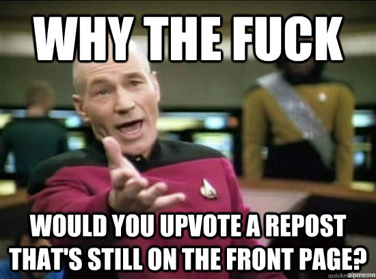 Why the fuck would you upvote a repost that's still on the front page? - Why the fuck would you upvote a repost that's still on the front page?  Annoyed Picard HD