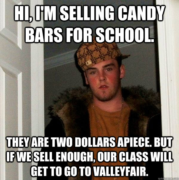 hi, i'm selling candy bars for school. They are two dollars apiece. But if we sell enough, our class will get to go to valleyfair. - hi, i'm selling candy bars for school. They are two dollars apiece. But if we sell enough, our class will get to go to valleyfair.  Scumbag Steve