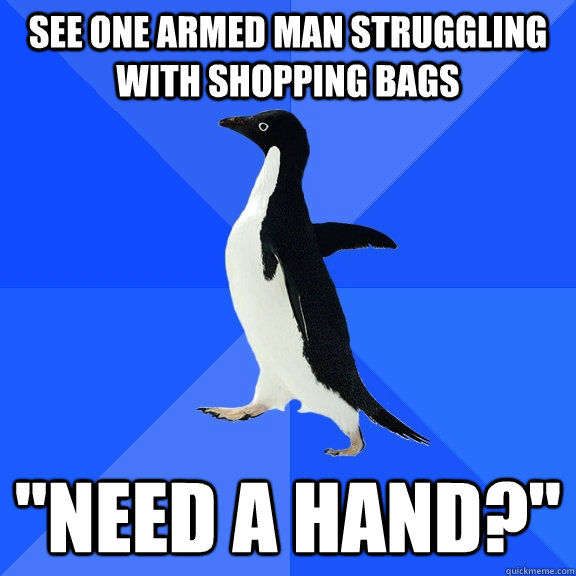 See one armed man struggling with shopping bags  