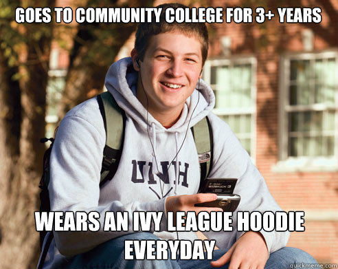 Goes to Community College for 3+ years Wears an Ivy League hoodie everyday  College Freshman