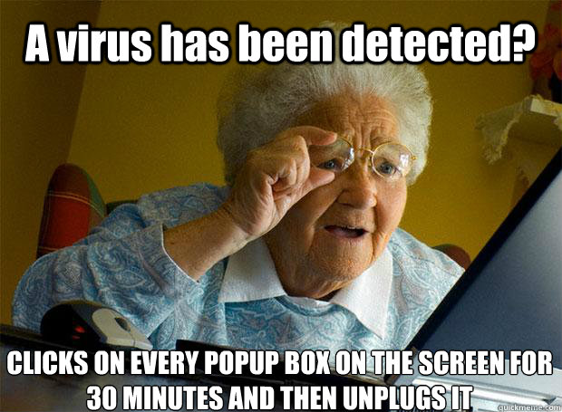 A virus has been detected? CLICKS ON EVERY POPUP BOX ON THE SCREEN FOR 30 MINUTES AND THEN UNPLUGS IT  Grandma finds the Internet