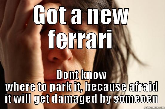 GOT A NEW FERRARI DONT KNOW WHERE TO PARK IT, BECAUSE AFRAID IT WILL GET DAMAGED BY SOMEOEN First World Problems