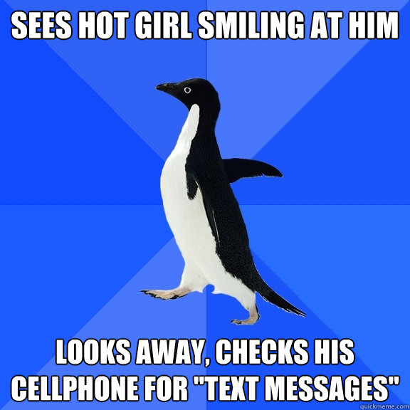 Sees Hot Girl Smiling at him Looks away, Checks his cellphone for 