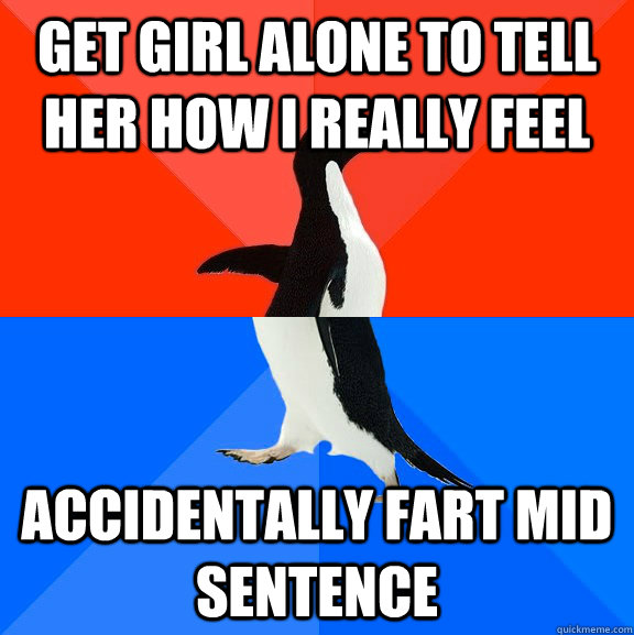 get girl alone to tell her how i really feel accidentally fart mid sentence  Socially Awesome Awkward Penguin