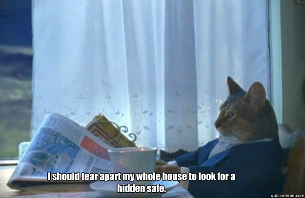 I should tear apart my whole house to look for a hidden safe. - I should tear apart my whole house to look for a hidden safe.  Sophisticated Cat is broke