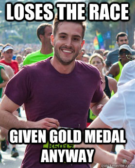 Loses the race given gold medal anyway  Ridiculously photogenic guy