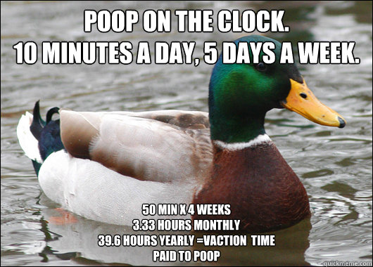 Poop on the clock.
10 minutes a day, 5 days a week.  50 min x 4 weeks
3.33 hours monthly
39.6 hours yearly =vaction  time
Paid to poop  Actual Advice Mallard
