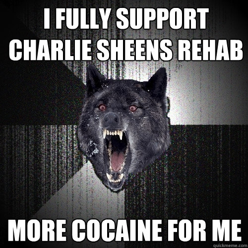 I fully support charlie sheens rehab more cocaine for me  Insanity Wolf