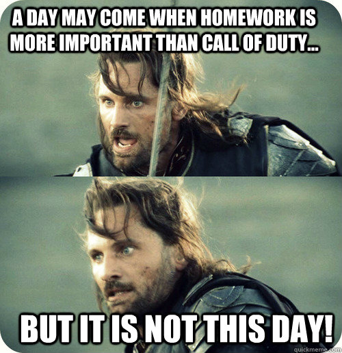 A day may come when homework is more important than Call of Duty... But it is not this day! - A day may come when homework is more important than Call of Duty... But it is not this day!  Aragorn Inspirational Speech