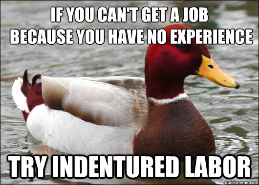 IF YOU CAN'T GET A JOB
 BECAUSE YOU HAVE NO EXPERIENCE
 TRY INDENTURED LABOR  Malicious Advice Mallard