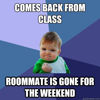 Comes back from class Roommate is gone for the weekend  Success Kid