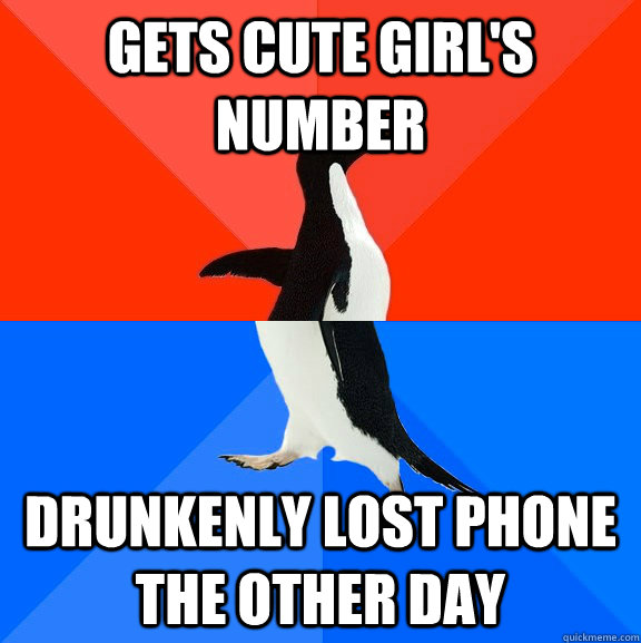 Gets cute girl's number Drunkenly lost phone the other day  Socially Awesome Awkward Penguin