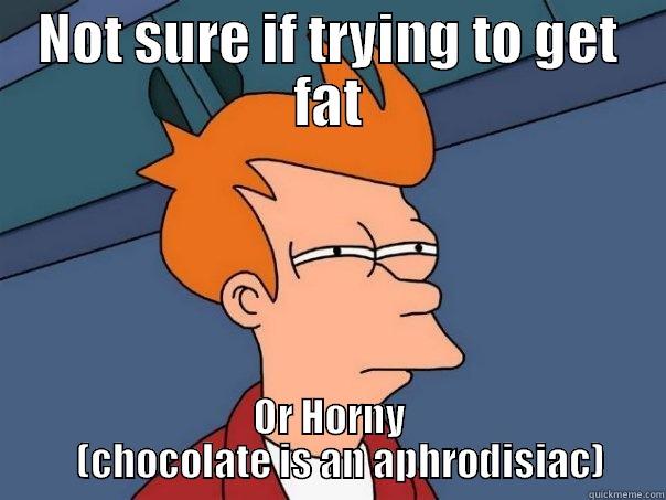 NOT SURE IF TRYING TO GET FAT OR HORNY    (CHOCOLATE IS AN APHRODISIAC) Futurama Fry