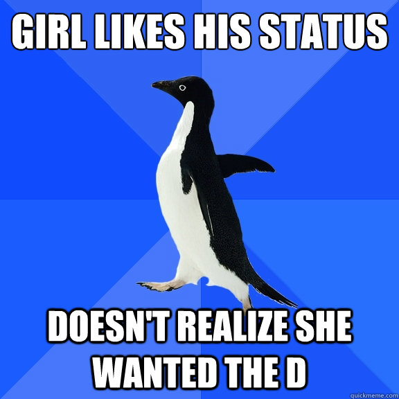 girl likes his status doesn't realize she wanted the d  Socially Awkward Penguin