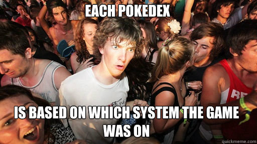 each pokedex
 is based on which system the game was on  Sudden Clarity Clarence