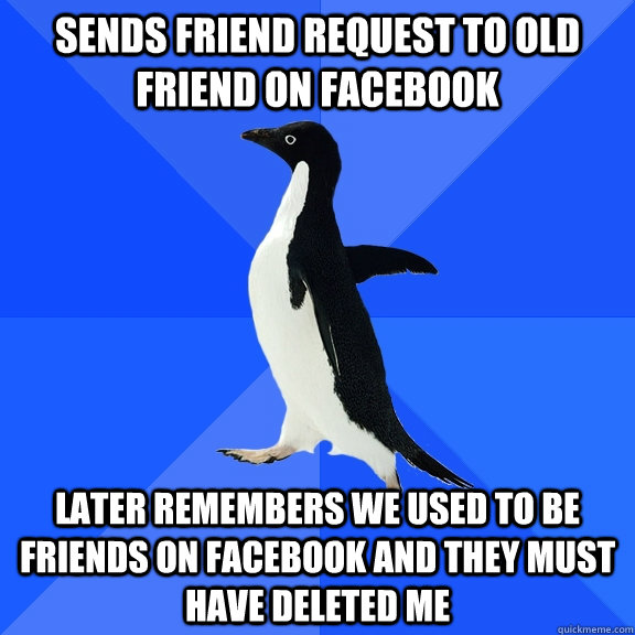 SENDS FRIEND REQUEST TO OLD FRIEND ON FACEBOOK LATER REMEMBERS WE USED TO BE FRIENDS ON FACEBOOK AND THEY MUST HAVE DELETED ME  Socially Awkward Penguin
