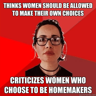 Thinks Women should be allowed to make their own choices Criticizes Women Who choose to be homemakers  Liberal Douche Garofalo