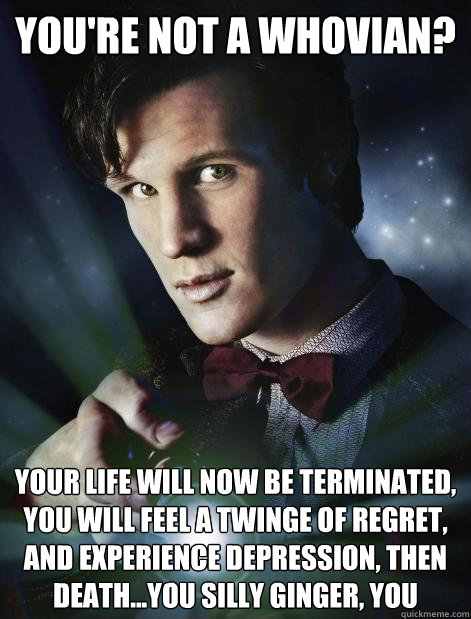 you're not a whovian? your life will now be terminated, you will feel a twinge of regret, and experience depression, then death...you silly ginger, you - you're not a whovian? your life will now be terminated, you will feel a twinge of regret, and experience depression, then death...you silly ginger, you  Doctor Who
