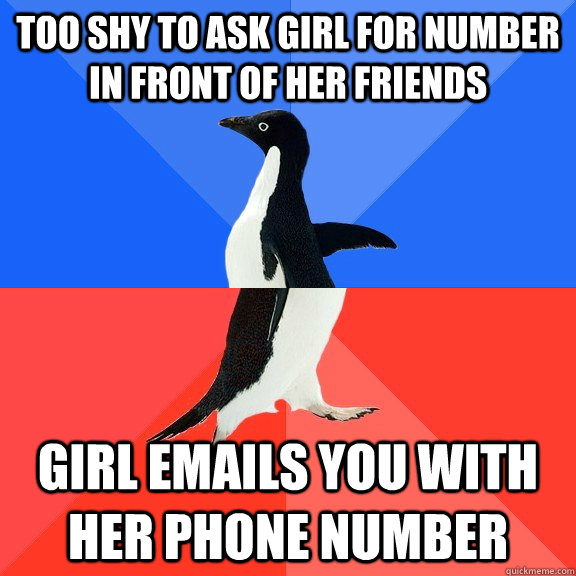 too shy to ask girl for number in front of her friends girl emails you with her phone number  Socially Awkward Awesome Penguin