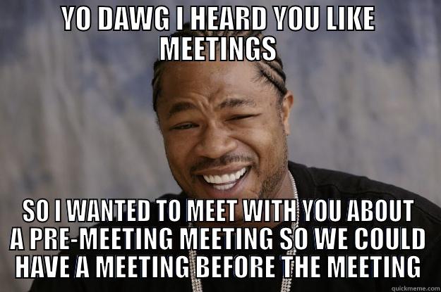 YO DAWG I HEARD YOU LIKE MEETINGS SO I WANTED TO MEET WITH YOU ABOUT A PRE-MEETING MEETING SO WE COULD HAVE A MEETING BEFORE THE MEETING Xzibit meme