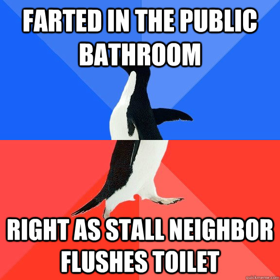 Farted in the public bathroom right as stall neighbor flushes toilet  Socially Awkward Awesome Penguin