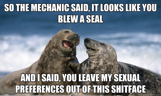 So the mechanic said, it looks like you blew a seal And I said, you leave my sexual preferences out of this shitface - So the mechanic said, it looks like you blew a seal And I said, you leave my sexual preferences out of this shitface  Comedian Seal