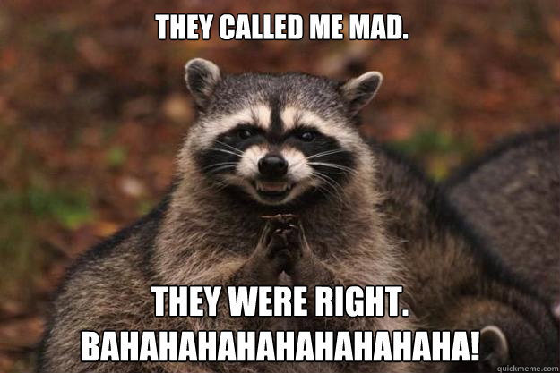 They called me mad. THEY WERE RIGHT.
BAHAHAHAHAHAHAHAHAHA!  Evil Plotting Raccoon