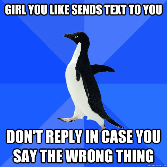 Girl you like sends text to you don't reply in case you say the wrong thing  Socially Awkward Penguin