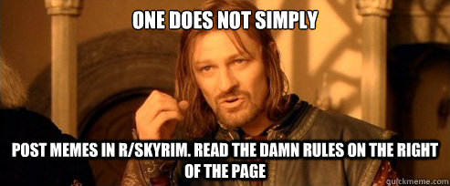 One does not simply post memes in r/skyrim. Read the damn rules on the right of the page  One Does Not Simply