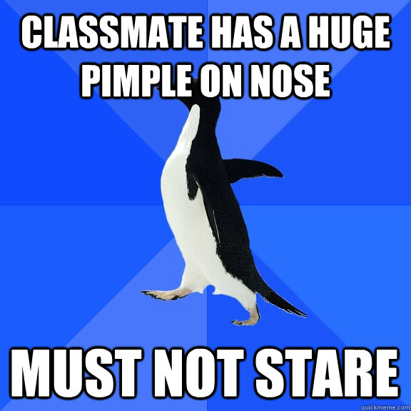 classmate has a huge pimple on nose must not stare  Socially Awkward Penguin