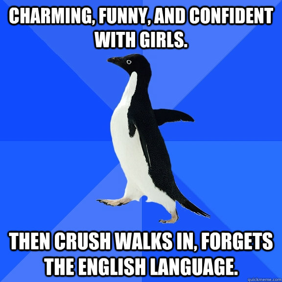 charming, funny, and confident with girls. then crush walks in, forgets the english language.  Socially Awkward Penguin