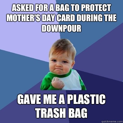 Asked for a bag to protect Mother's Day card during the downpour  Gave me a plastic trash bag  Success Kid