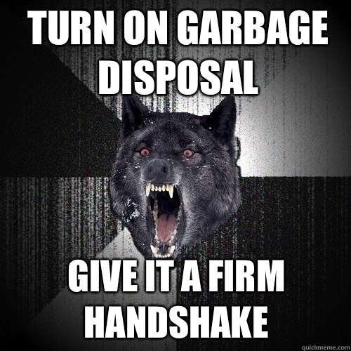 Turn on garbage disposal give it a firm handshake  Insanity Wolf