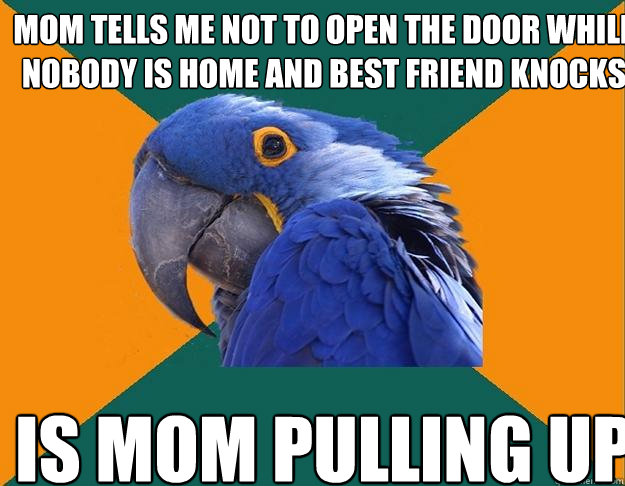 mom tells me not to open the door while nobody is home and best friend knocks is mom pulling up
   Paranoid Parrot