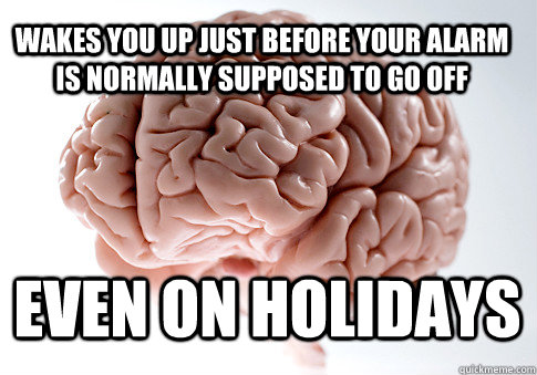 Wakes you up just before your alarm is normally supposed to go off Even on holidays  Caption 4 goes here  Scumbag Brain