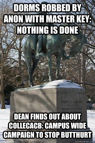 Dorms robbed by anon with master key: nothing is done Dean finds out about CollecACB: campus wide campaign to stop butthurt  Drew University Meme