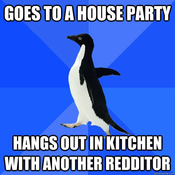 goes to a house party hangs out in kitchen with another redditor  Socially Awkward Penguin